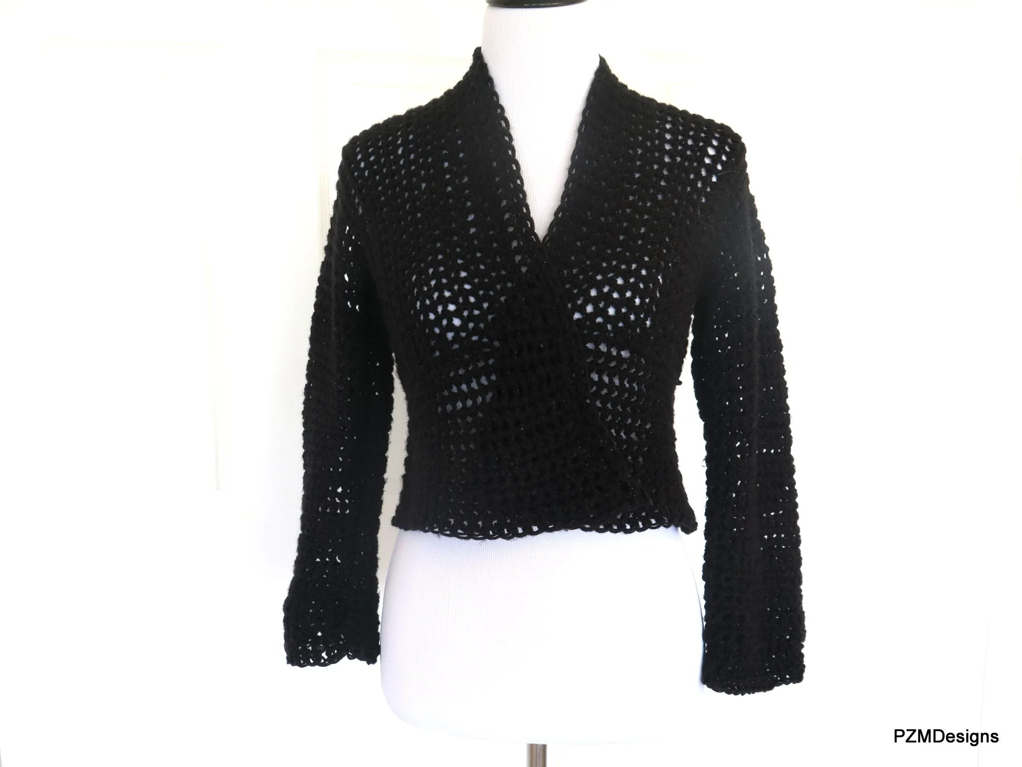 Black Crochet Short Jacket, Hand Crochet Crop Cardigan