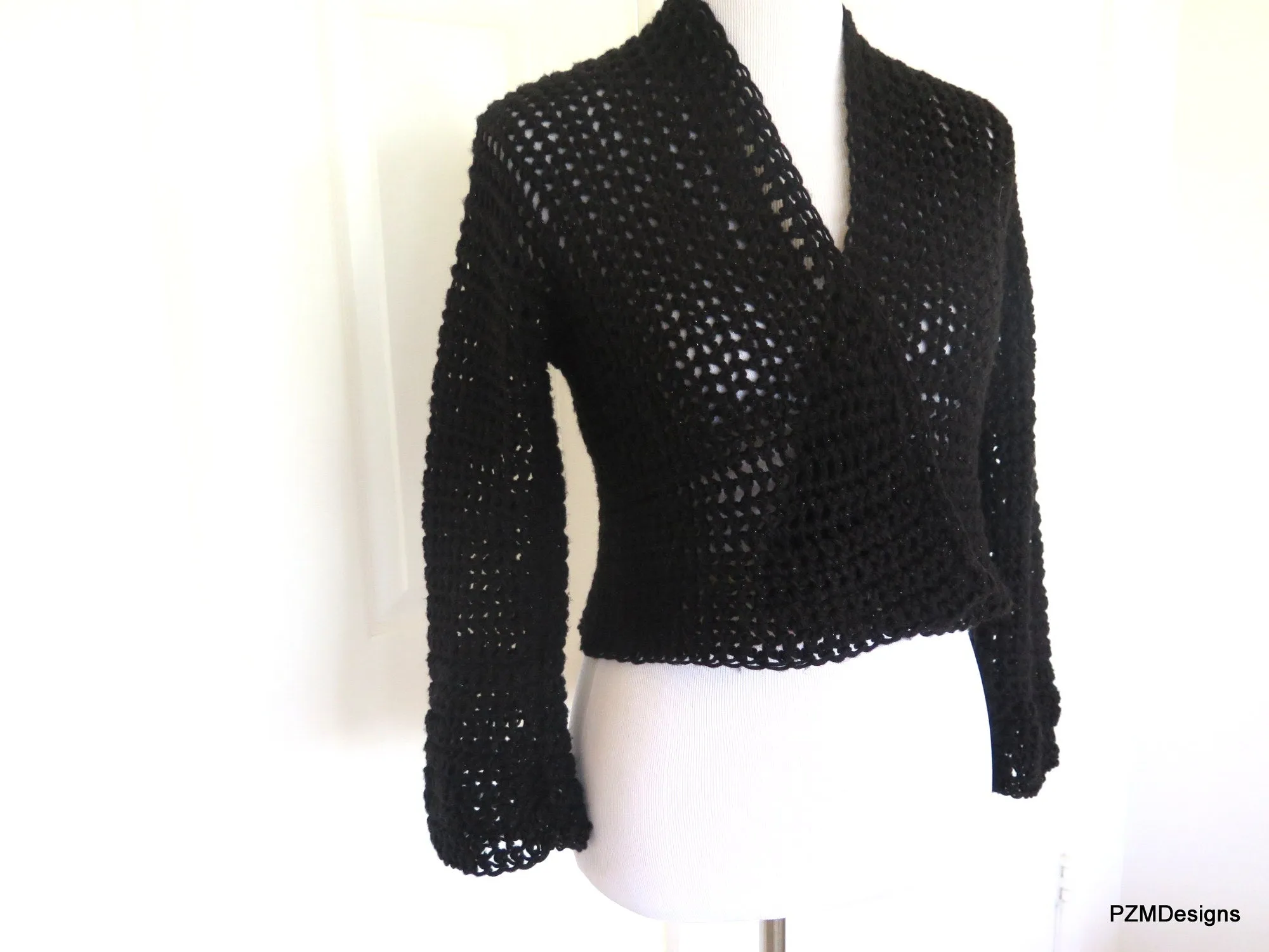 Black Crochet Short Jacket, Hand Crochet Crop Cardigan