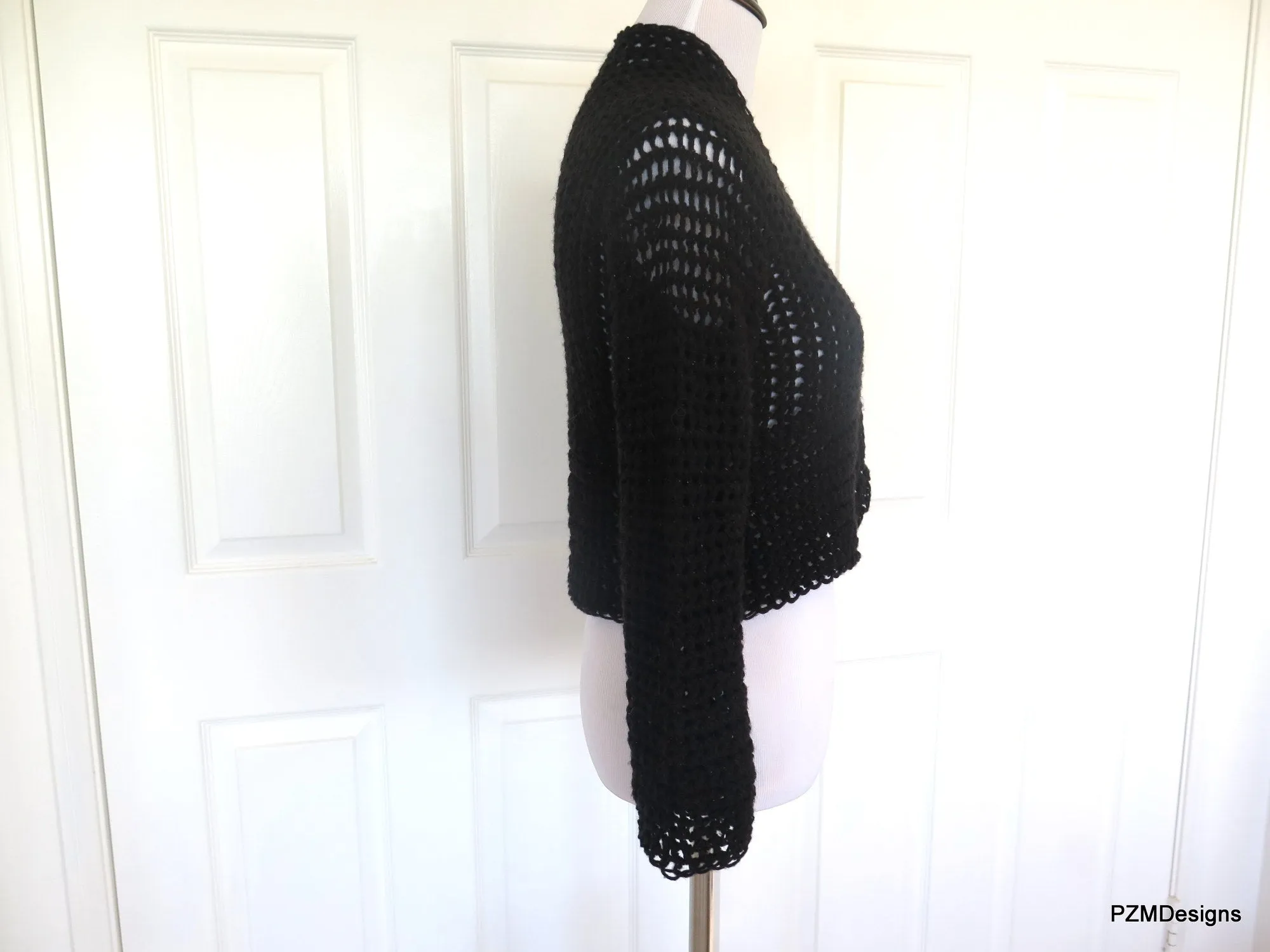 Black Crochet Short Jacket, Hand Crochet Crop Cardigan