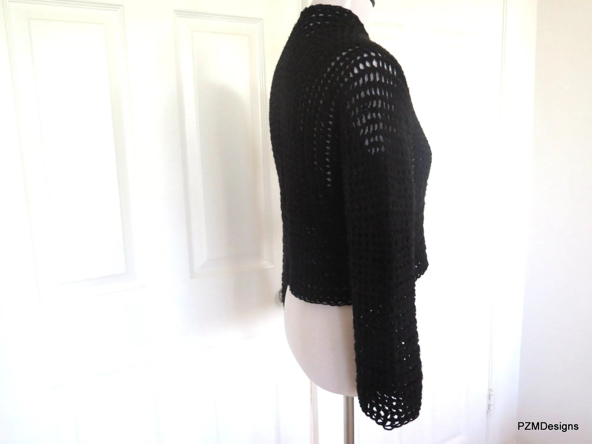 Black Crochet Short Jacket, Hand Crochet Crop Cardigan