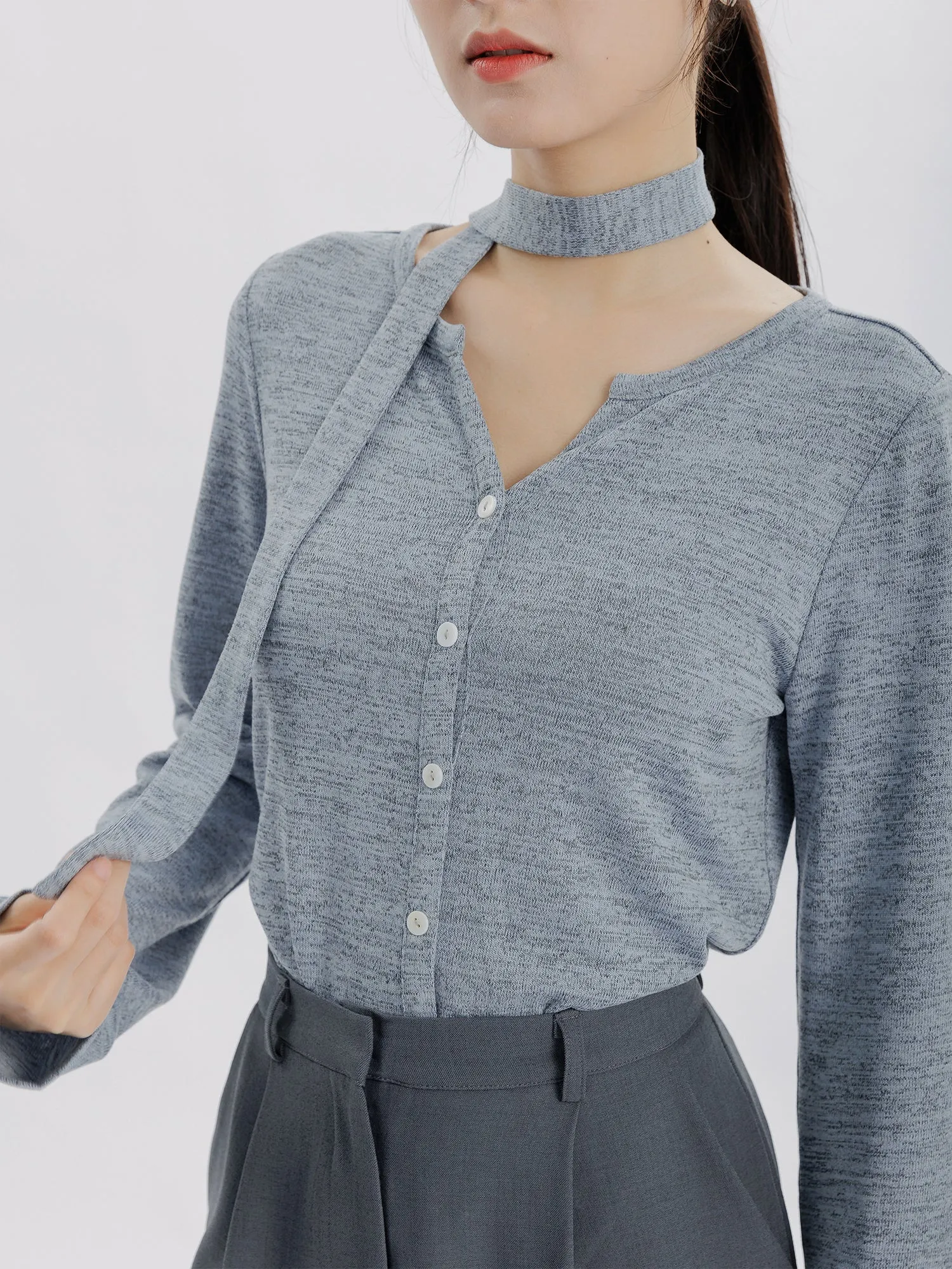 Blossom Buttoned Knit Top (Detachable Scarf)