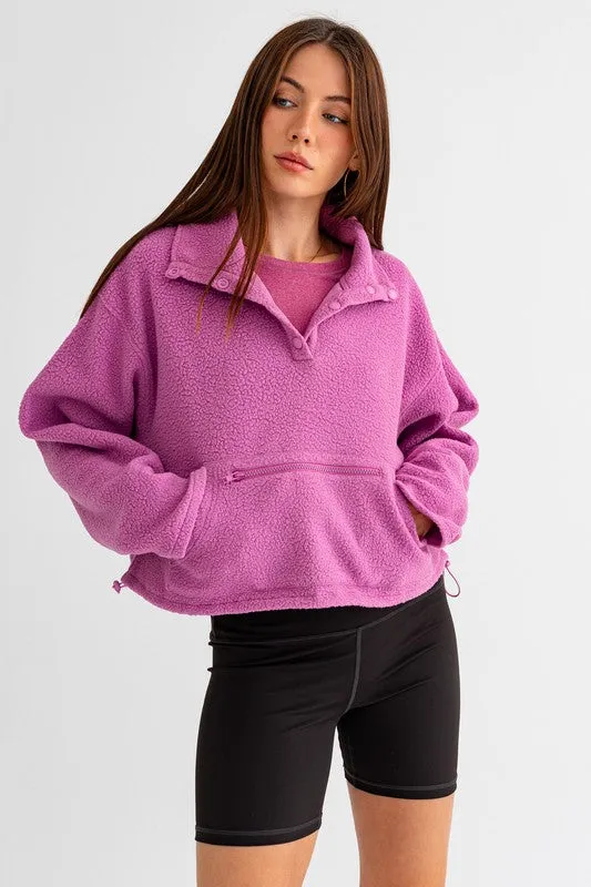 Bohemian Pocket Detail Boxy Fleece Pullover Sweater