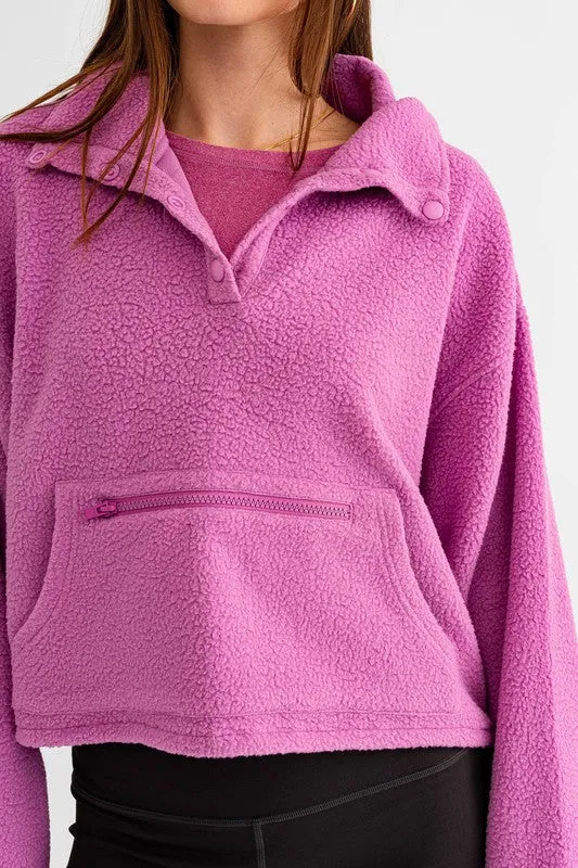 Bohemian Pocket Detail Boxy Fleece Pullover Sweater