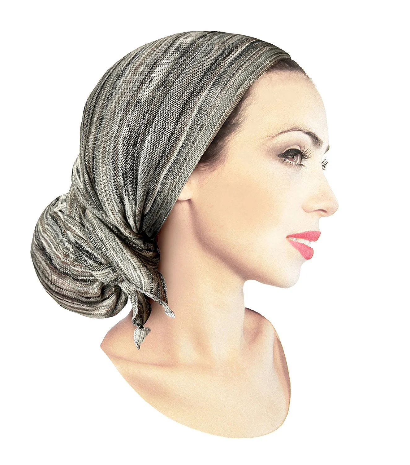 Boho Chic Pre-tied Head-Scarf Tichel Textured Breathable Knit Collection ShariRose (Black white gray taupe long - 403)