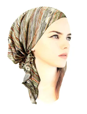 Boho Chic Pre-tied Head-Scarf Tichel Textured Breathable Knit Collection ShariRose (Brown orange green textured knit short - 404)