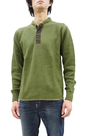 Buzz Rickson Waffle-Knit Thermal Henley T-Shirt Men's Long Sleeve Plain 3-Button Placket Heavyweight Thermal Tee BR68130 149 Olive