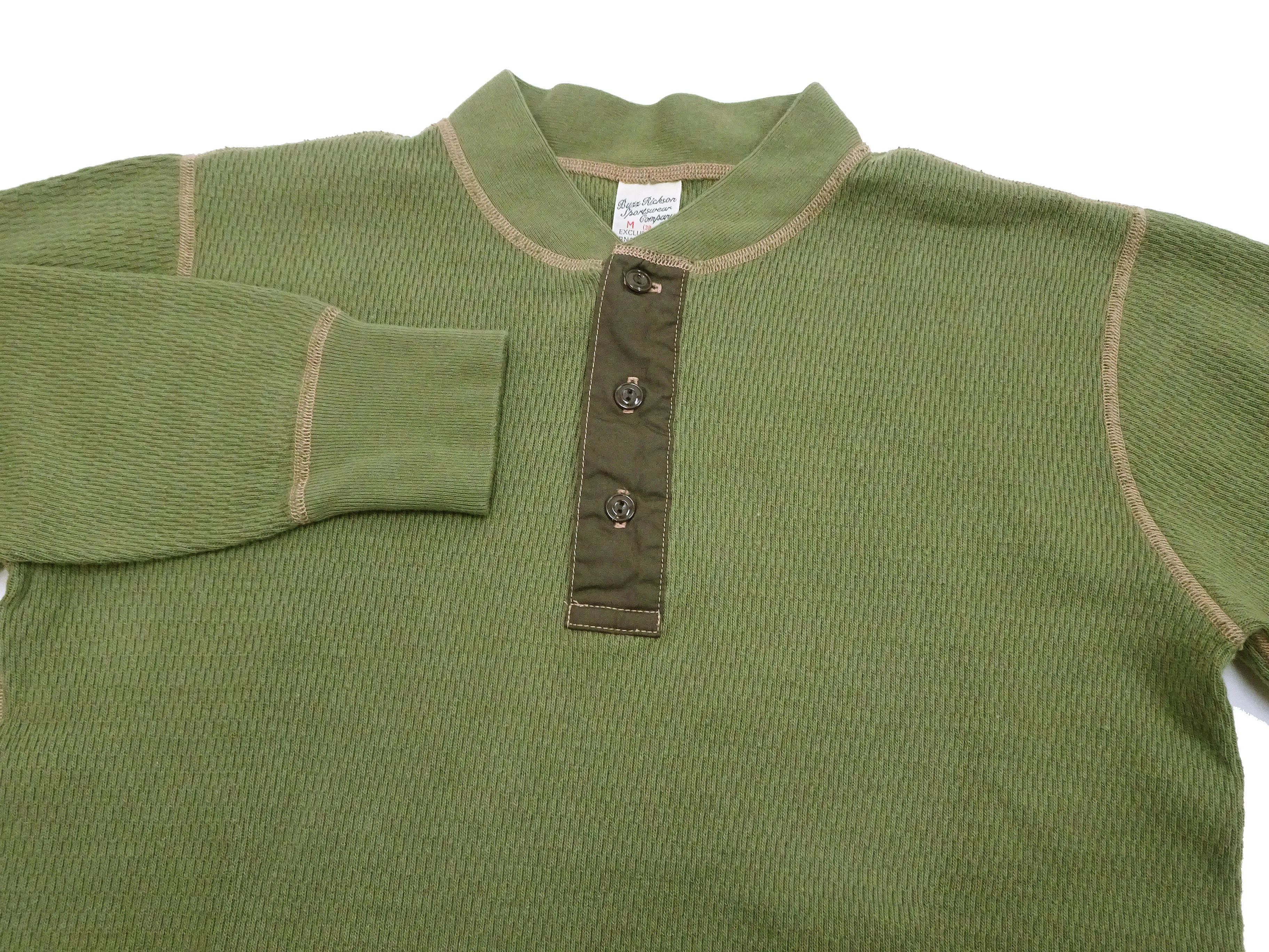 Buzz Rickson Waffle-Knit Thermal Henley T-Shirt Men's Long Sleeve Plain 3-Button Placket Heavyweight Thermal Tee BR68130 149 Olive