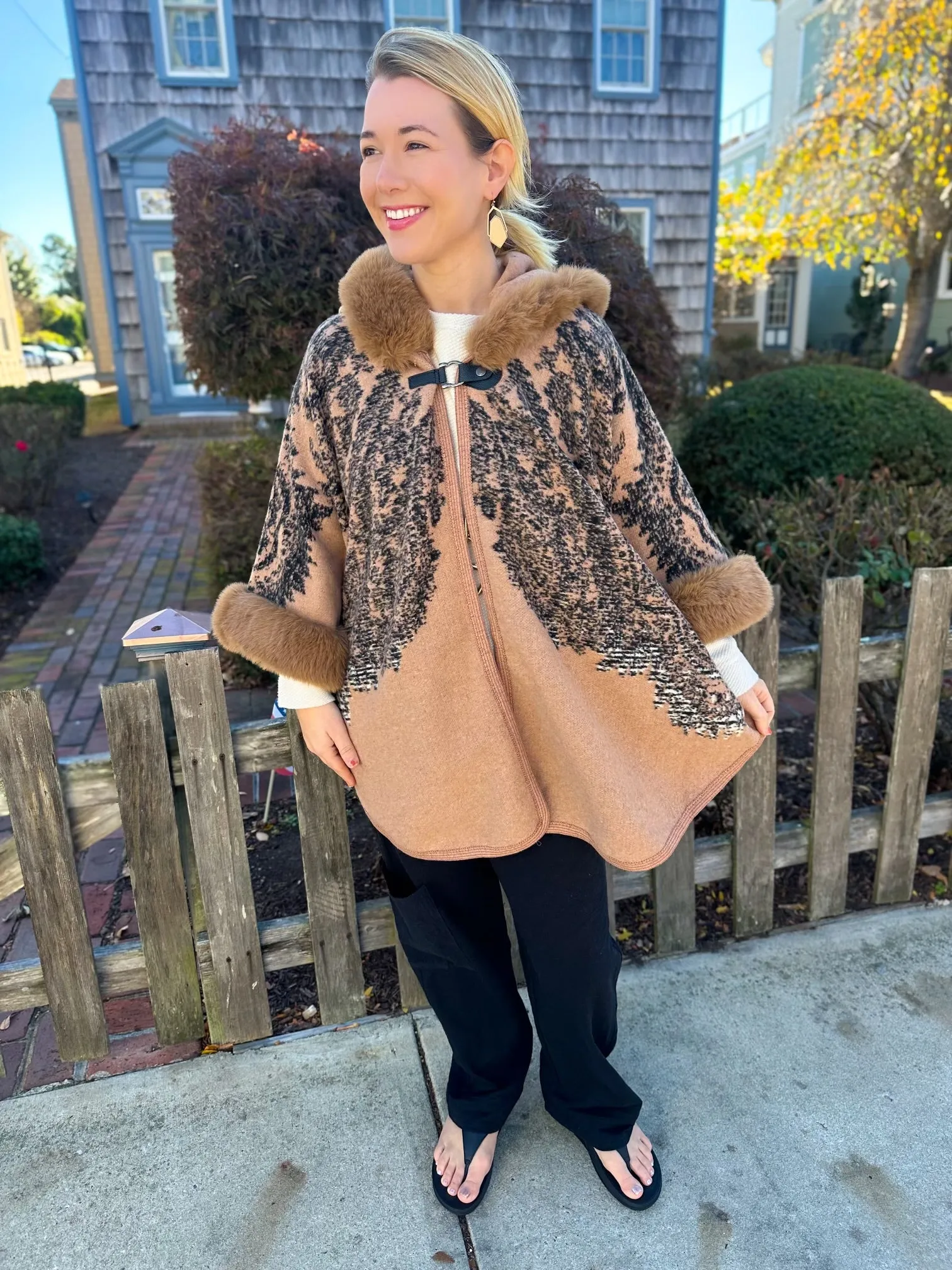 Camel and Black Wrap with Faux Fur Trim