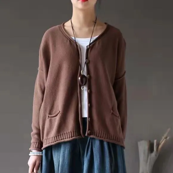 Cardigans for Women, V Neck Sweater, Cotton Brown Sweater