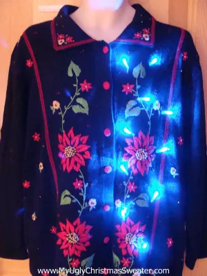 Christmas Sweater with Red Poinsettias and Lights