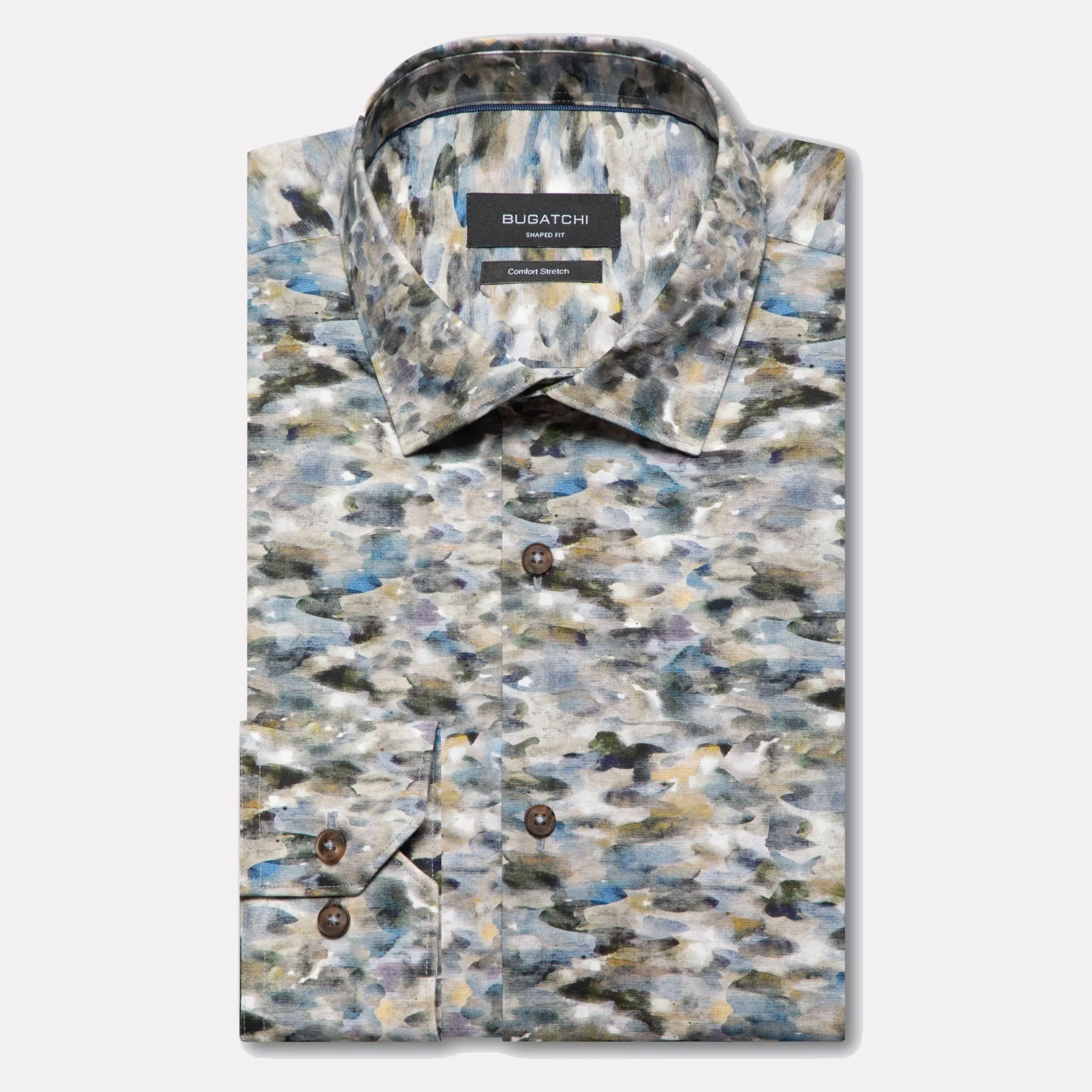 Comfort Stretch "Watercolour" Print Shaped Fit Shirt / Clay