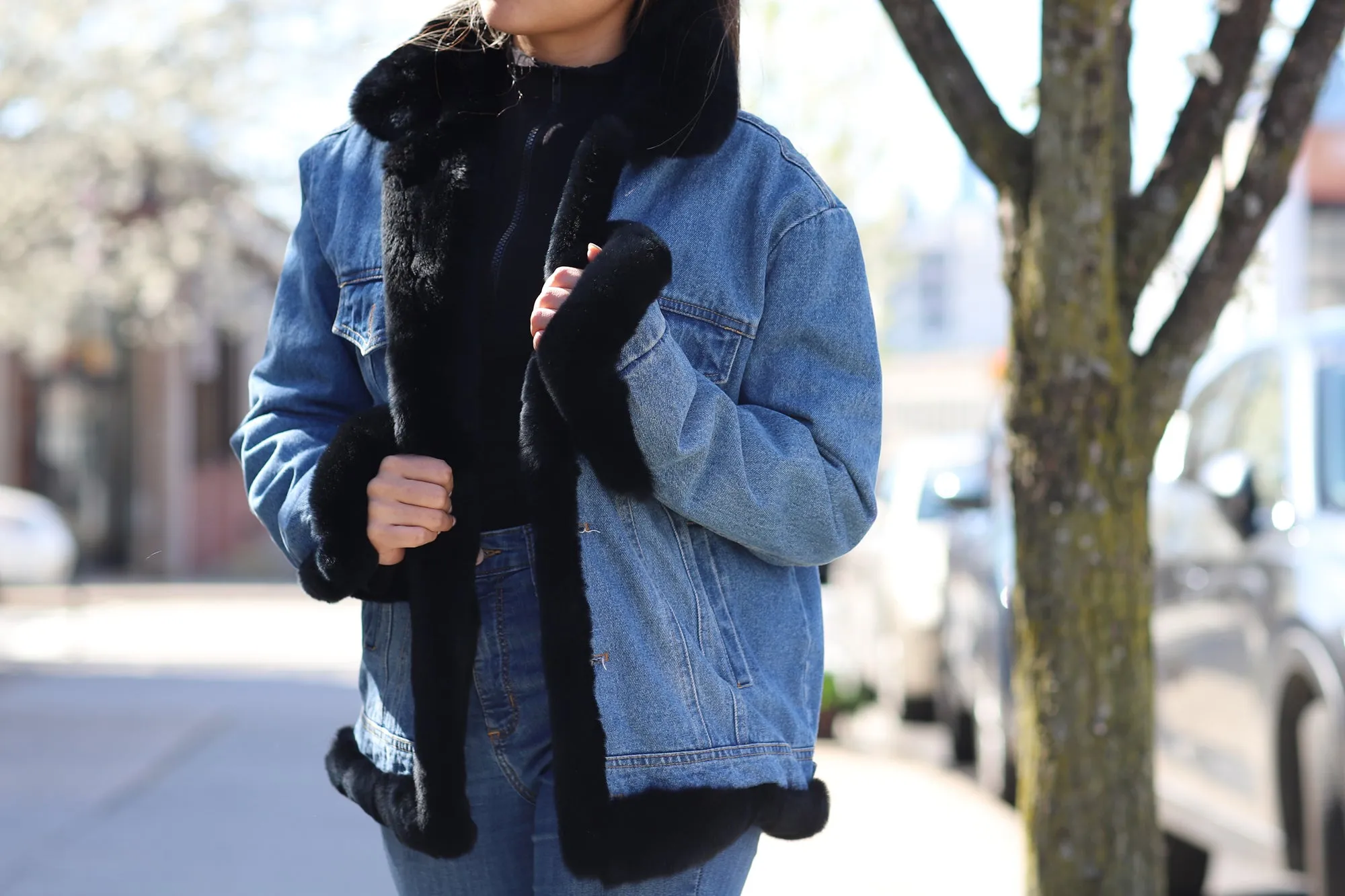 Denim Jacket w/ Rex Rabbit Fur Trim - Natural