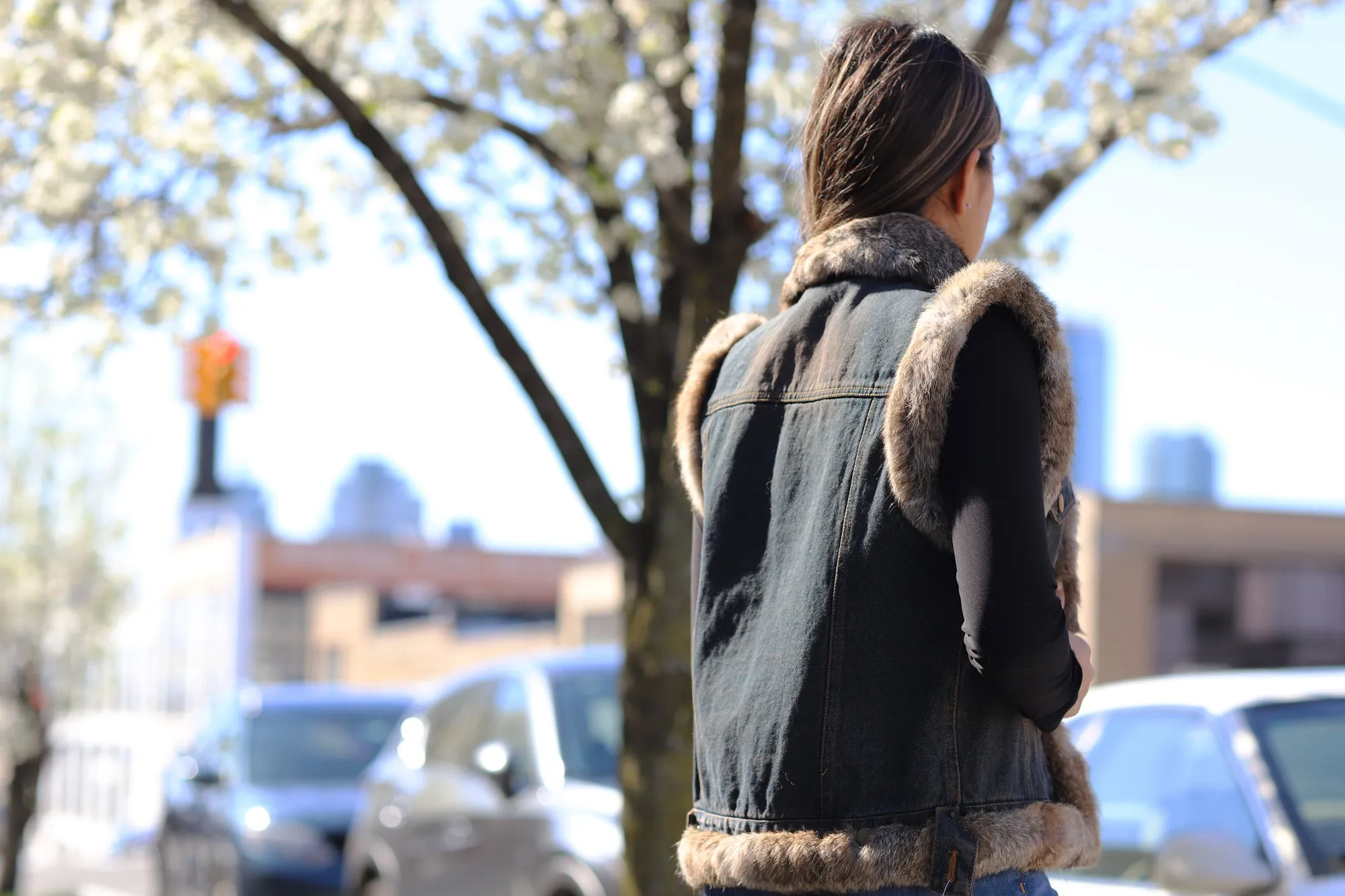 Denim Vest with Fur Trim - Natural