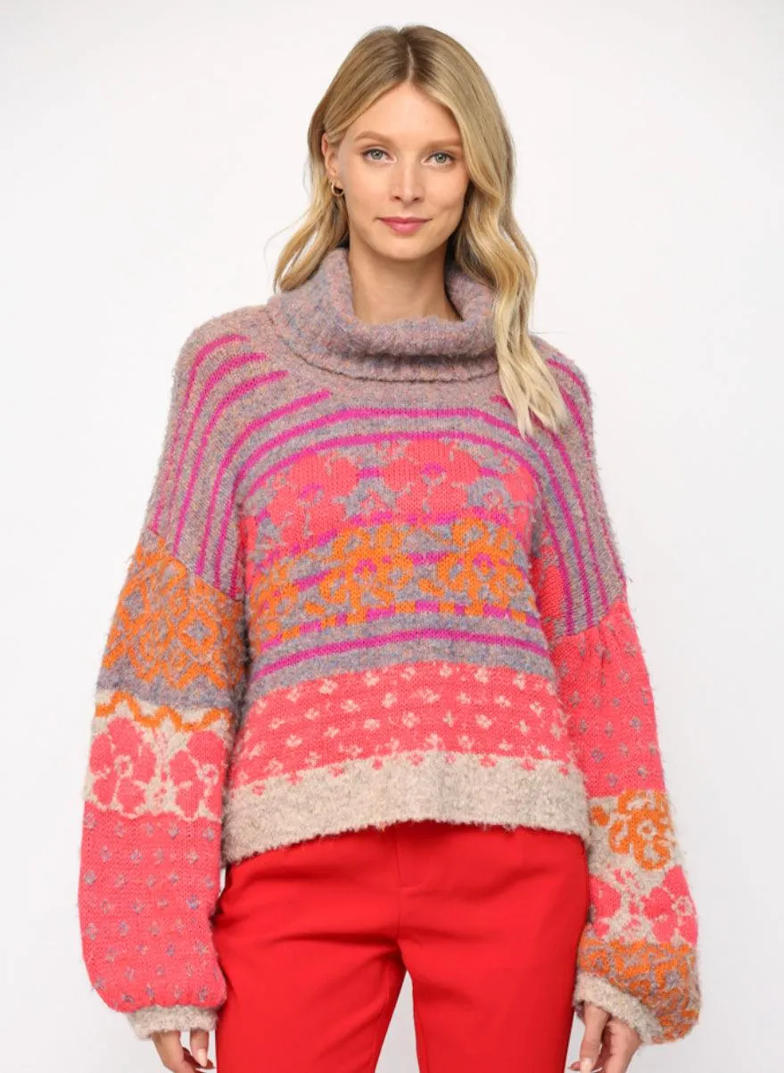 Floral Turtle Neck Fuzzy Sweater FW6610