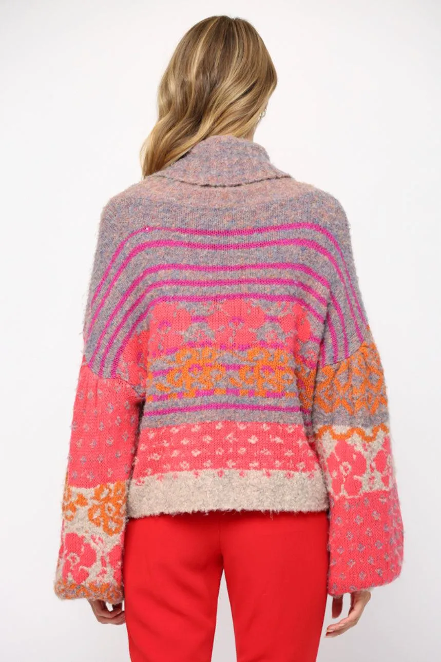 Floral Turtle Neck Fuzzy Sweater FW6610