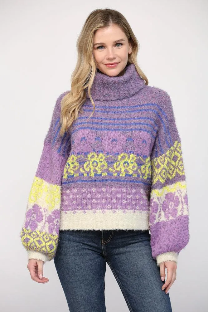 Floral Turtle Neck Fuzzy Sweater FW6610