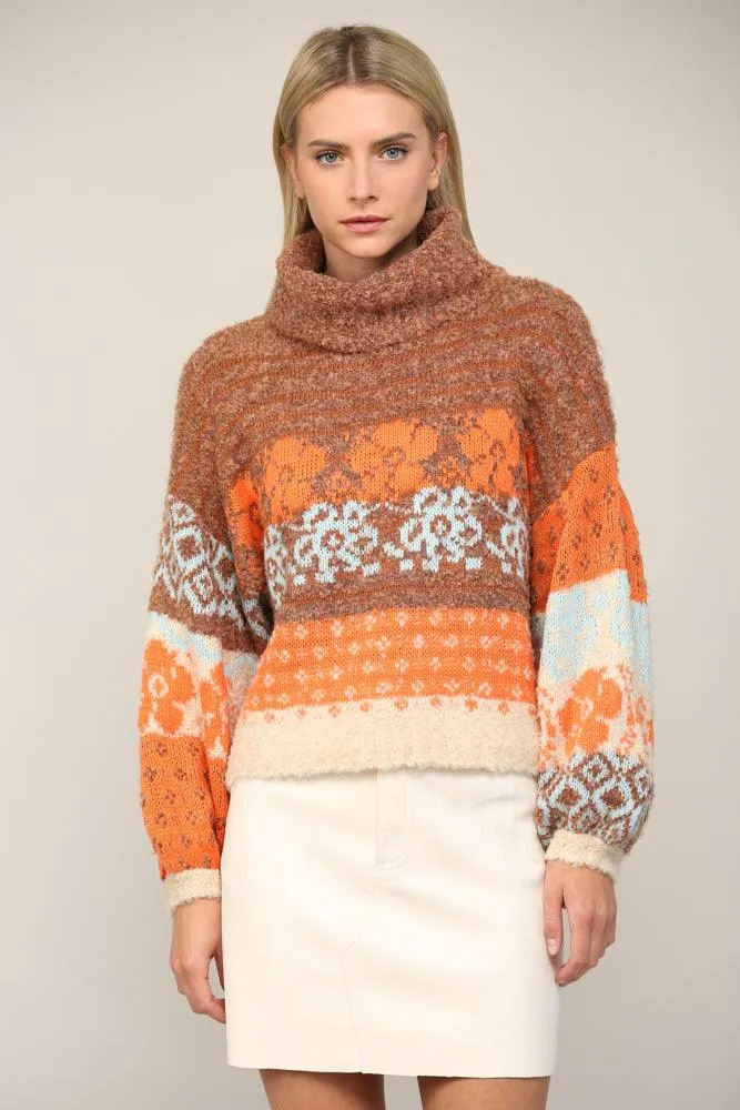 Floral Turtle Neck Fuzzy Sweater FW6610