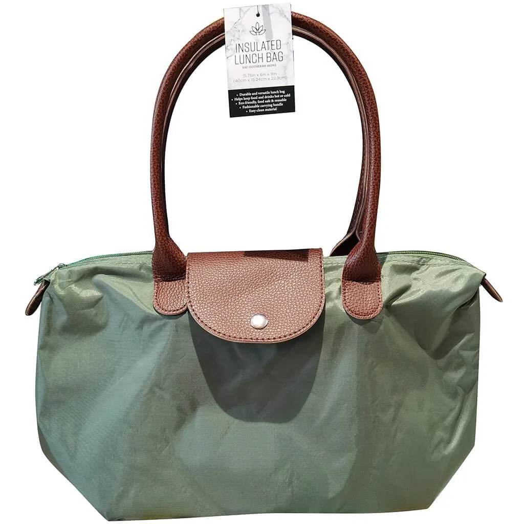 Insulated Lunch Tote with Faux Leather Trim Olive