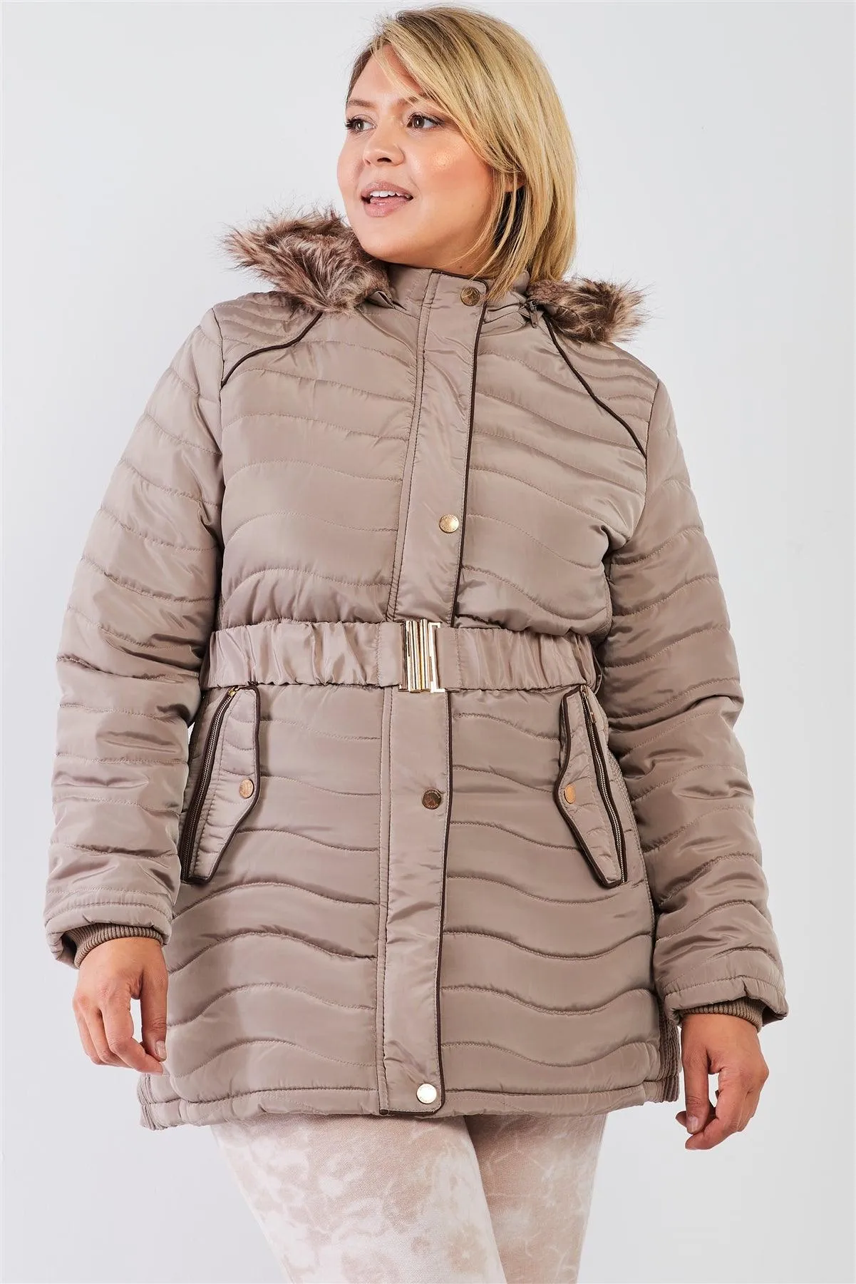 Junior Plus Beige-Tan Wavy Quilt Padded Faux Fur Detachable Hood Belted Long Puffer Jacket