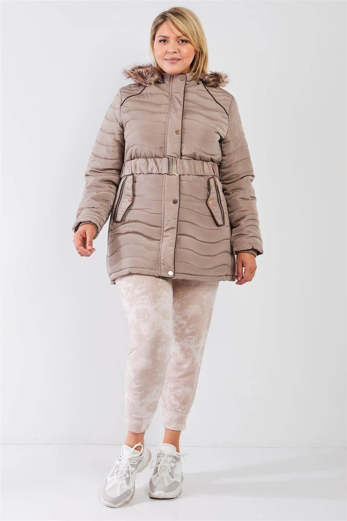 Junior Plus Beige-Tan Wavy Quilt Padded Faux Fur Detachable Hood Belted Long Puffer Jacket