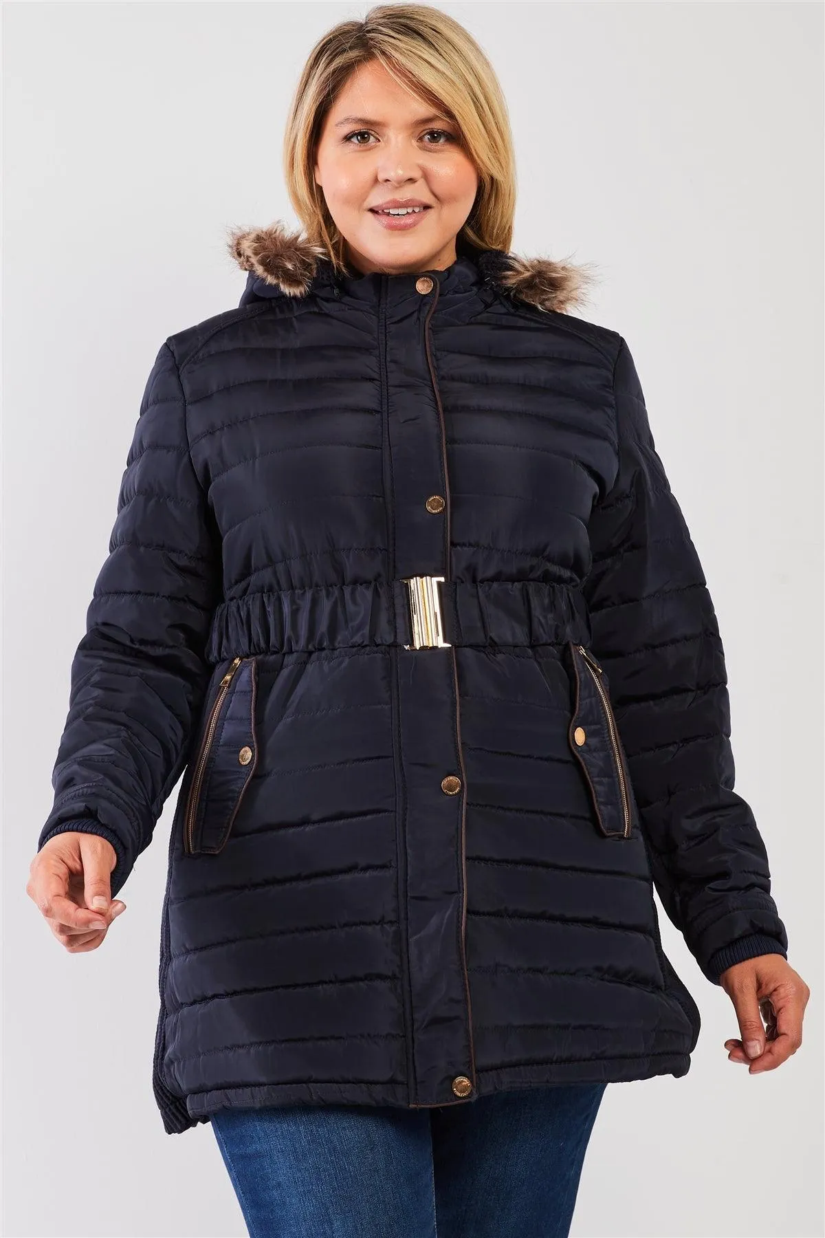 Junior Plus Navy Parallel Quilt Faux Fur Hood Belted Padded Long Puffer Jacket