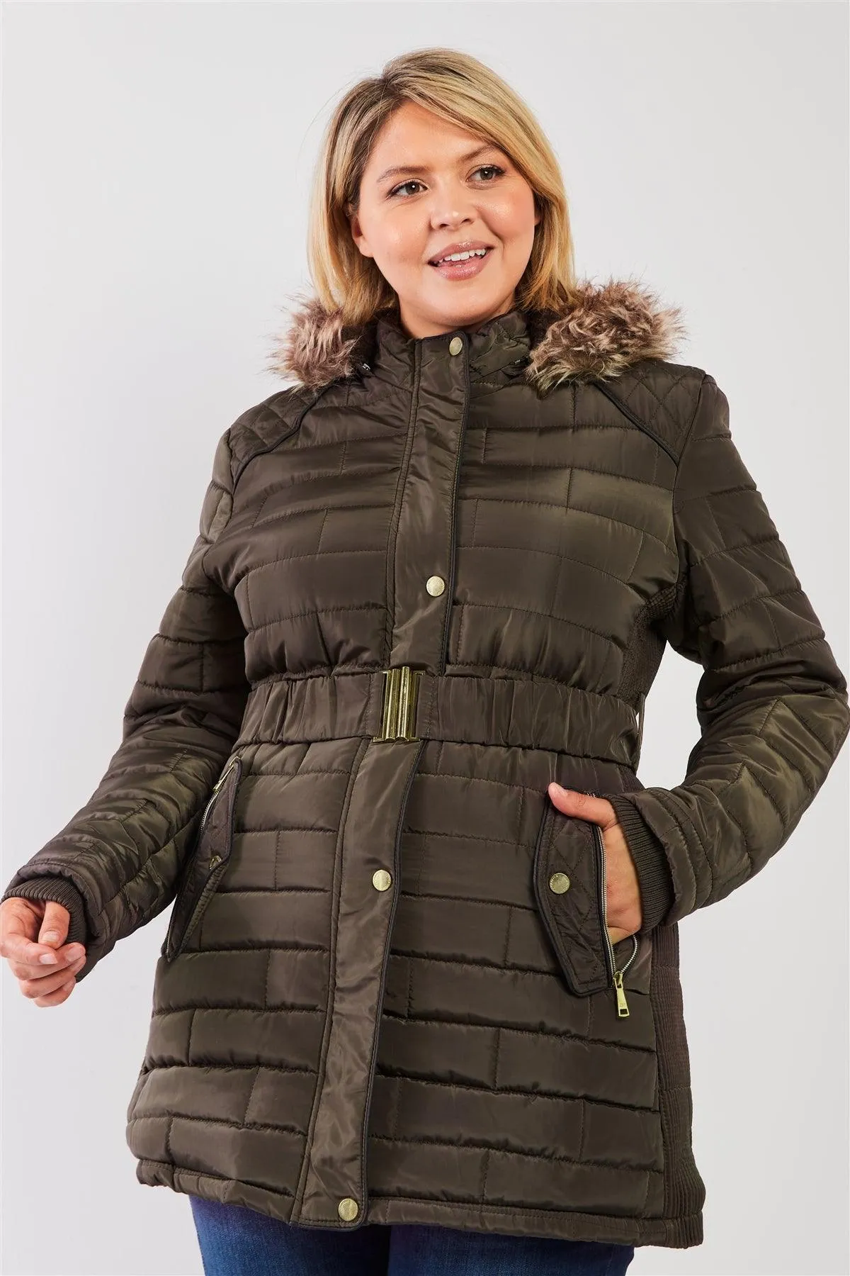 Junior Plus Olive Grey Diamond Quilt Faux Fur Hood Belted Padded Long Puffer Jacket /1-1-1-1