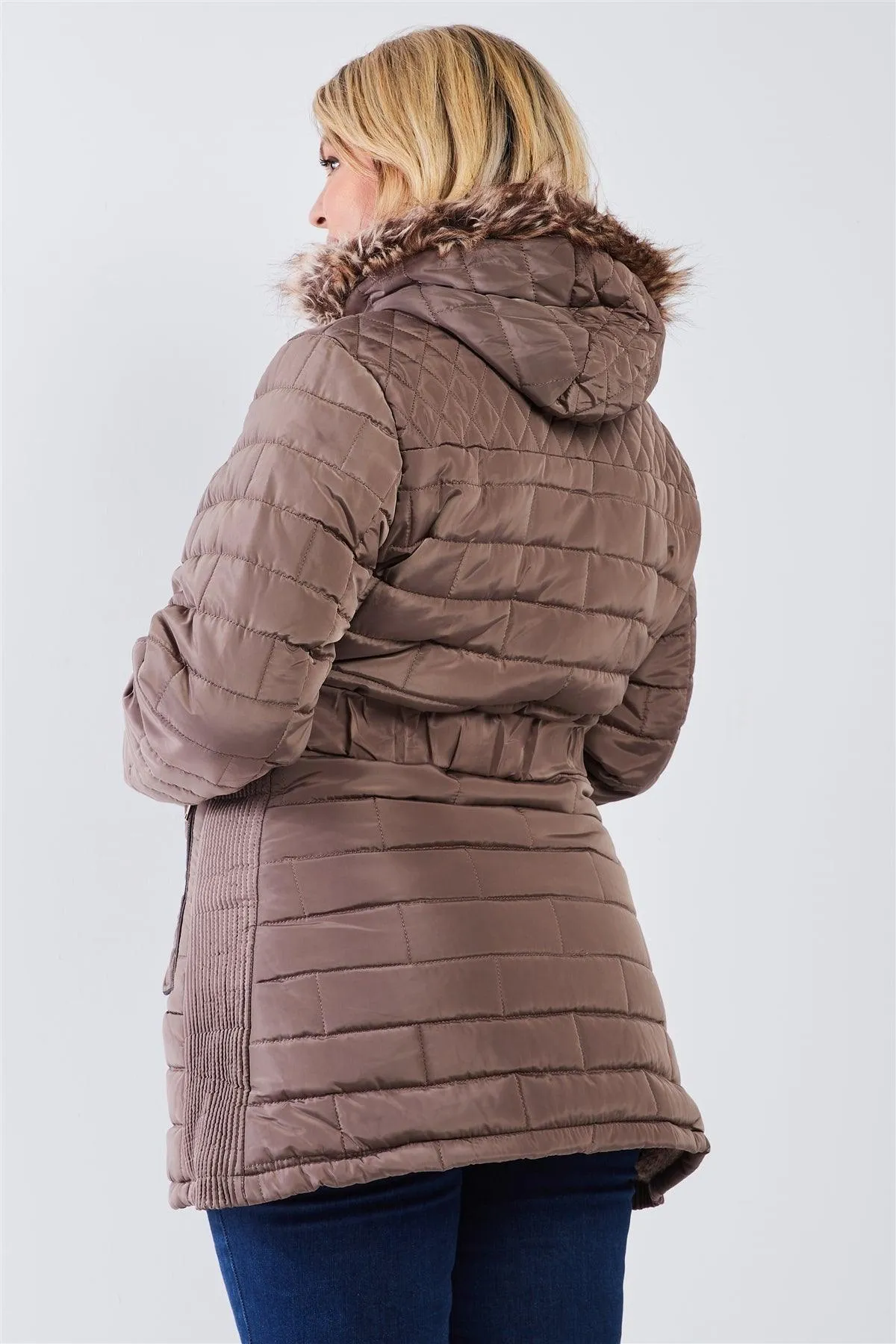 Junior Plus Taupe Brown Diamond Quilt Faux Fur Hood Belted Padded Long Puffer Jacket /1-1-1-1