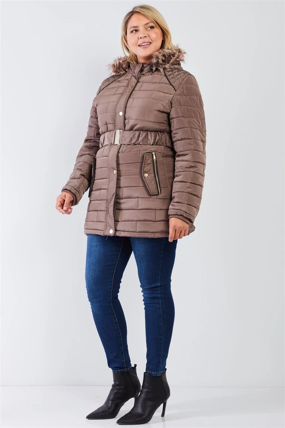 Junior Plus Taupe Brown Diamond Quilt Faux Fur Hood Belted Padded Long Puffer Jacket /1-1-1-1