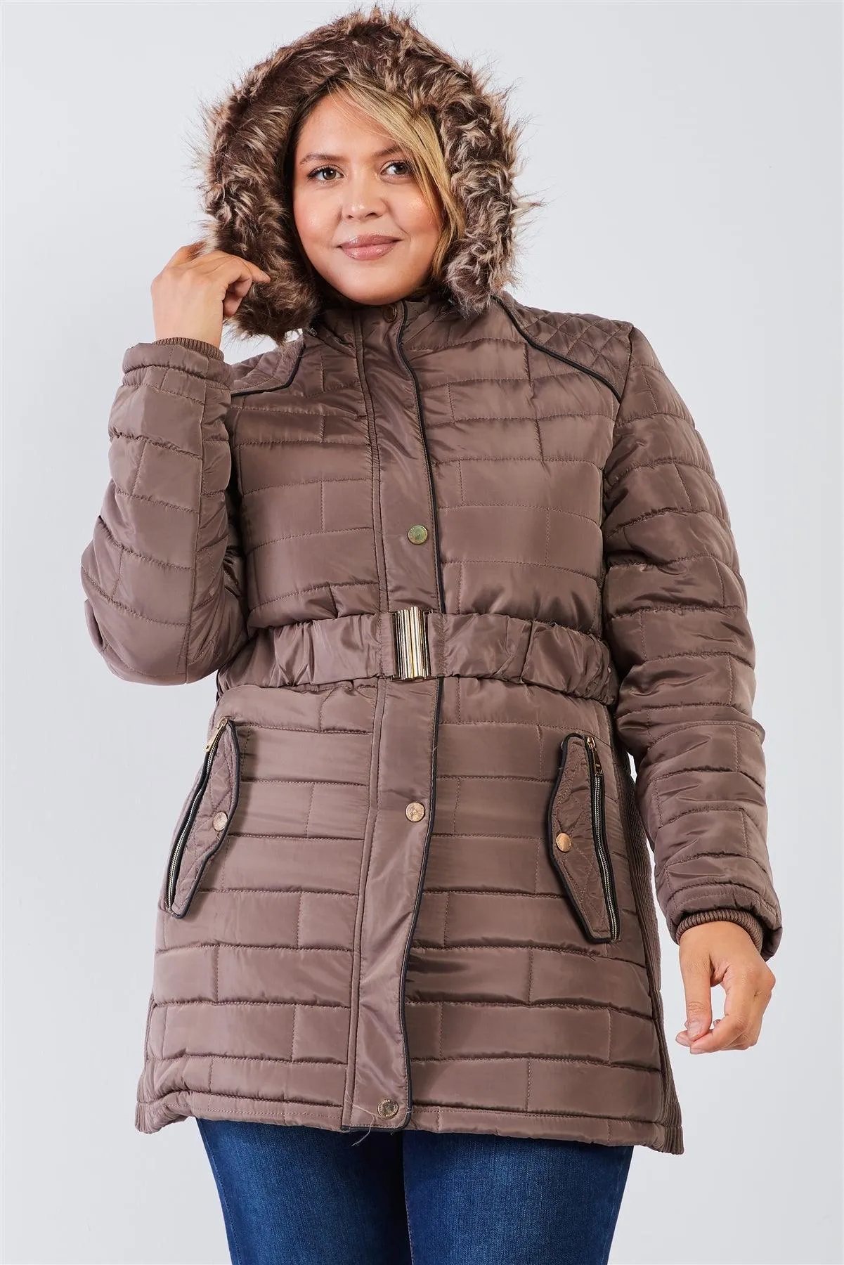 Junior Plus Taupe Brown Diamond Quilt Faux Fur Hood Belted Padded Long Puffer Jacket /1-1-1-1