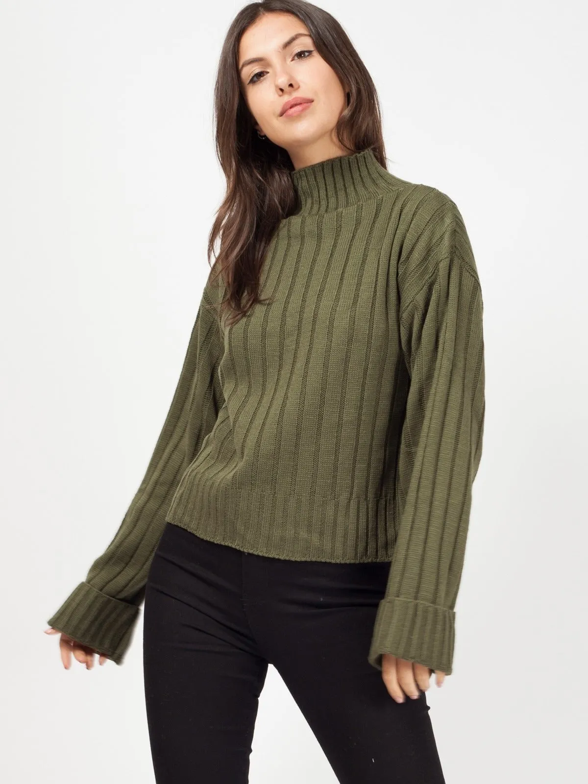 Khaki Turtle Neck Oversized Knitted Jumper