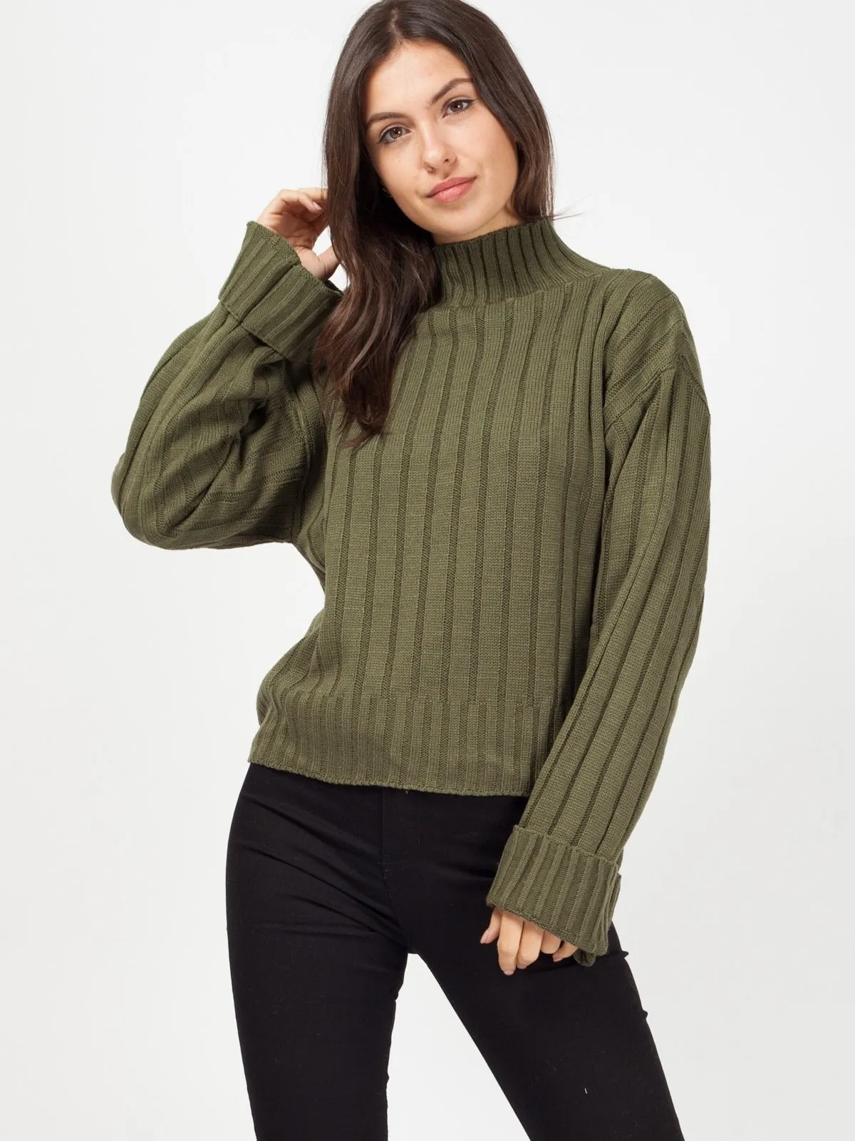 Khaki Turtle Neck Oversized Knitted Jumper