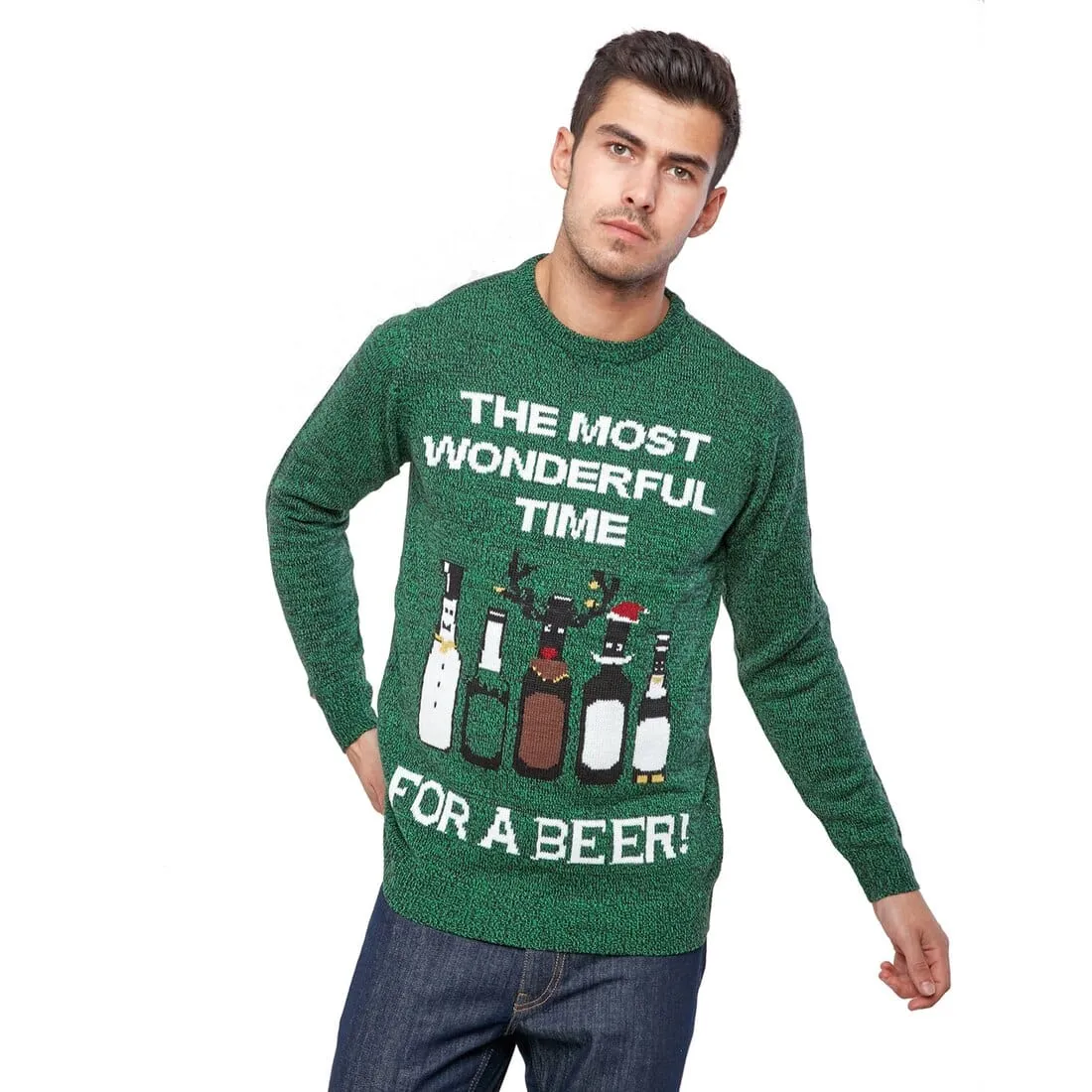 Mens Christmas Jumper Green Time For A Beer Bottles Party Fun