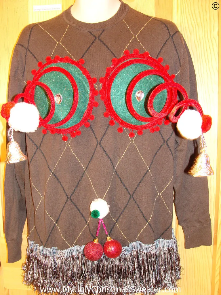 Mens Naughty Tacky Ugly Christmas Sweater with Funny Springy 3D Accents and Fringe and Dangling Balls Glitter Ornaments  (r43)