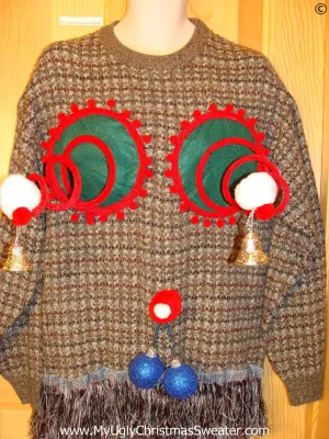 Mens Naughty Tacky Ugly Christmas Sweater with Funny Springy 3D Accents and Fringe and Dangling Blue Balls Glitter Ornaments (r32)