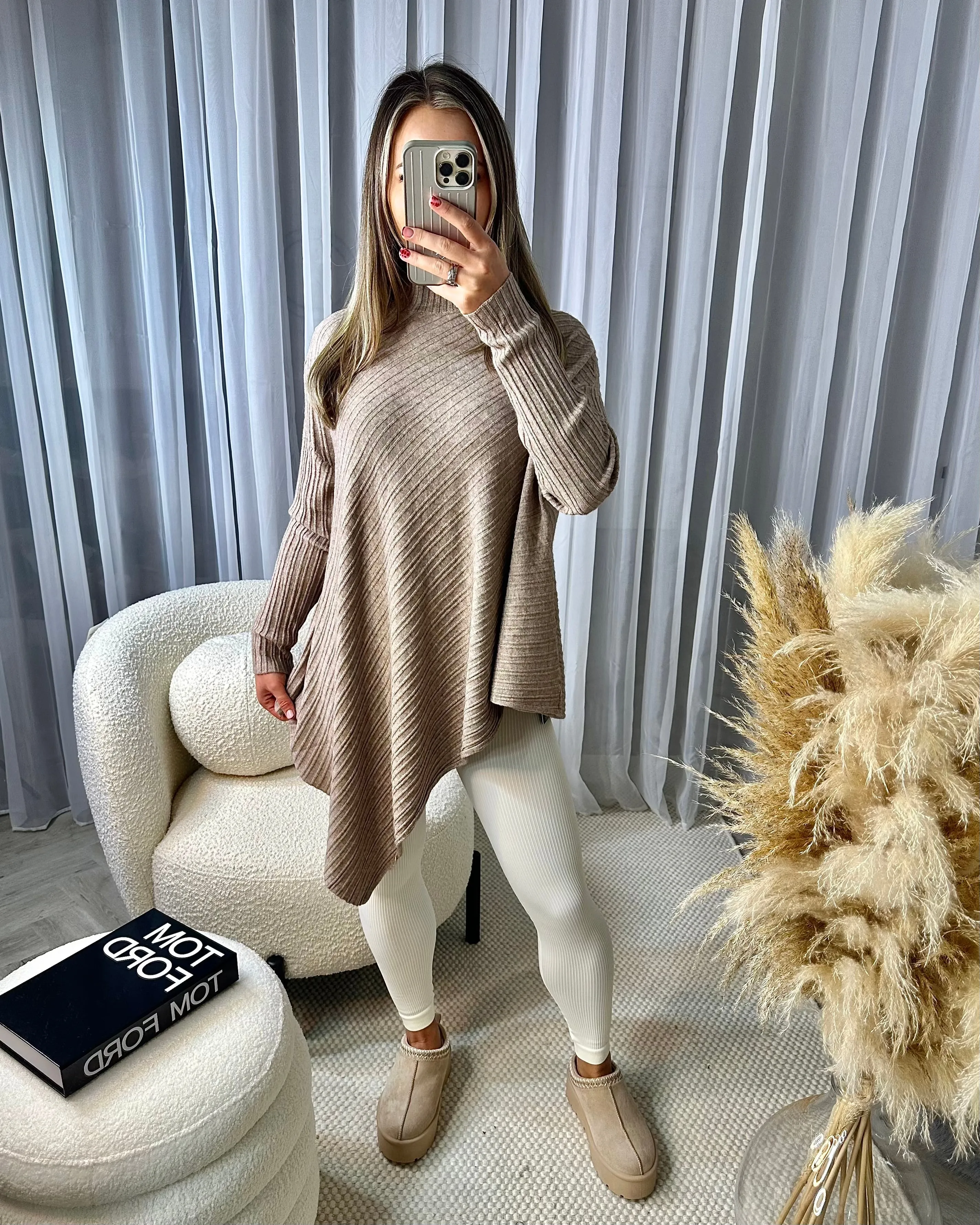 Micha High Neck Ribbed Asymmetric Long Sleeve Jumper - Mocha