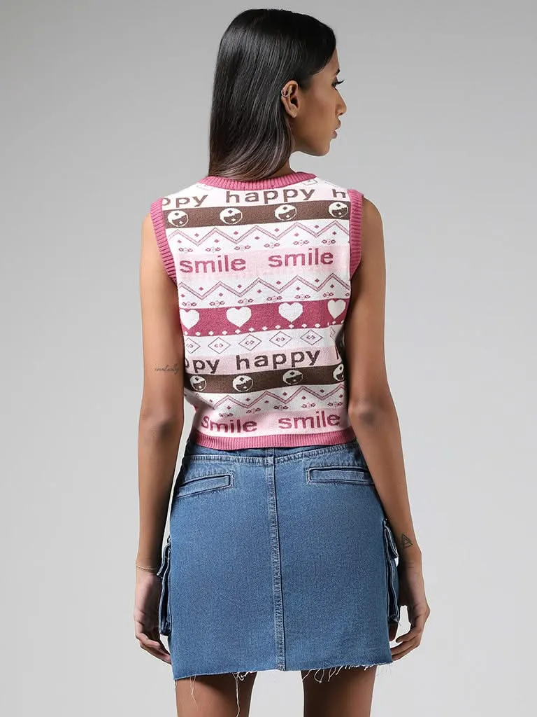 Nuon Pink Typographic Printed Sleeveless Crop Sweater