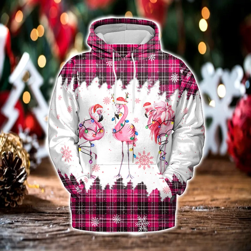 Pink Flamingo Plaid Snow Christmas Hoodie Full Print