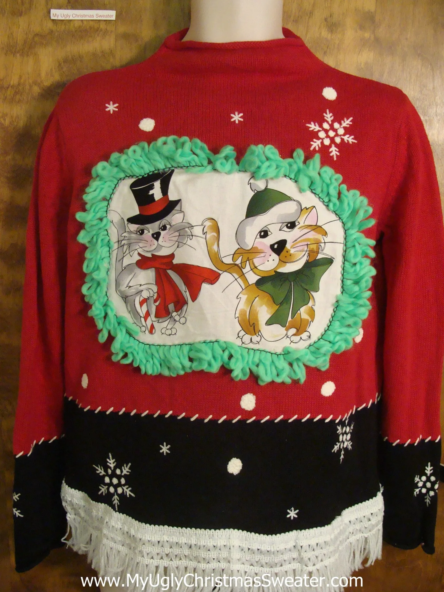 Pom Poms and Snowflakes Cheesy Cat Christmas Sweater