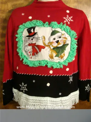 Pom Poms and Snowflakes Cheesy Cat Christmas Sweater