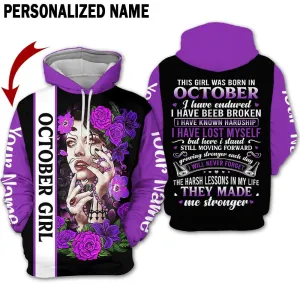 Presonalized Name Birthday Outfit October Girl 3D All Over Printed Purple Flower Girl Birthday Shirt