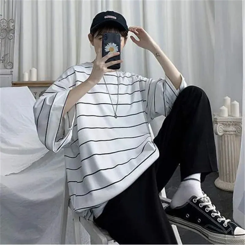 Riolio Cool Summer Oversized T-Shirt Men Funny Harajuku Tshirt Streetwear Femme Striped Japan Hip Hop Loose Half Sleeve T Shirts Male