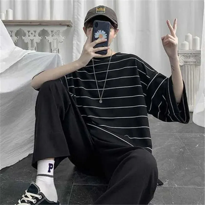 Riolio Cool Summer Oversized T-Shirt Men Funny Harajuku Tshirt Streetwear Femme Striped Japan Hip Hop Loose Half Sleeve T Shirts Male