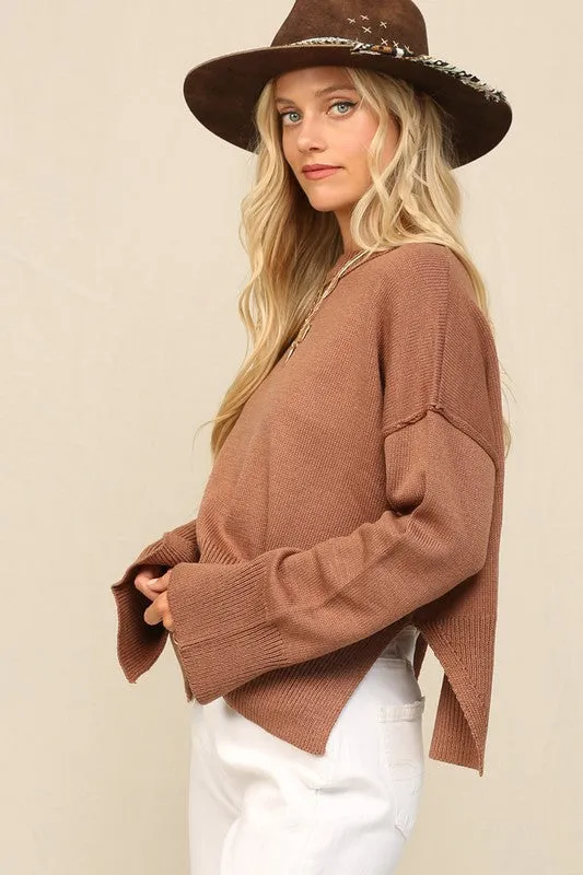 Rustic Clay Notch Hem Crop Sweater