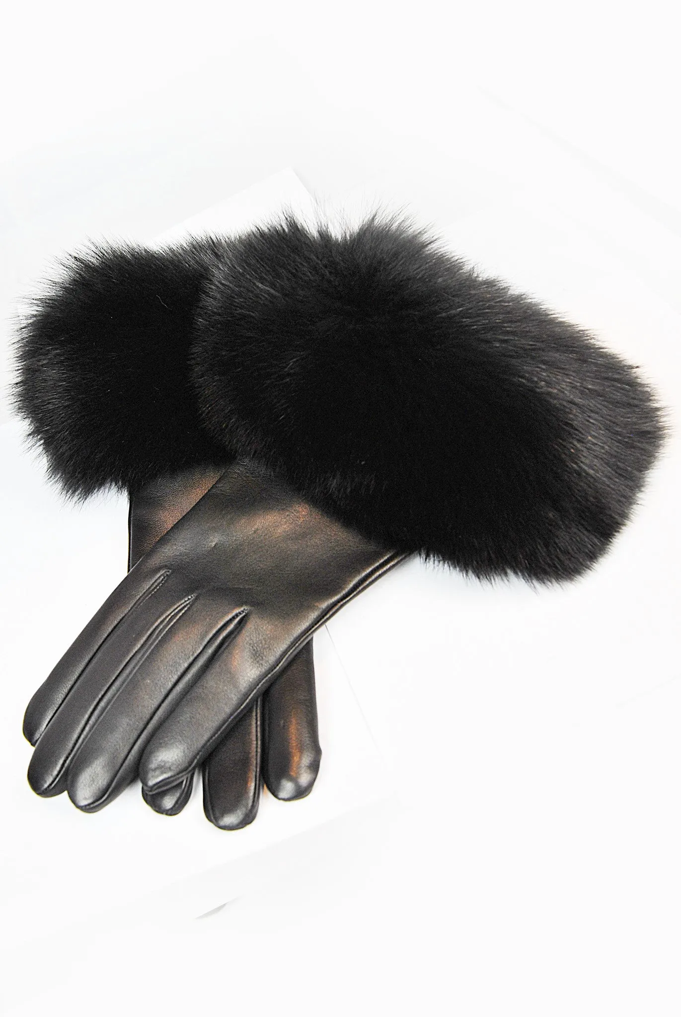 Santacana Black leather Gloves with Fox Fur Trim