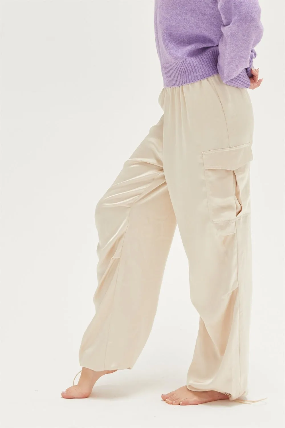 Satin Drawstring Hem Cargo Pants