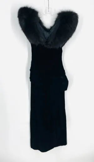 Size S ? Black Velour Fur Trim Vintage Dress