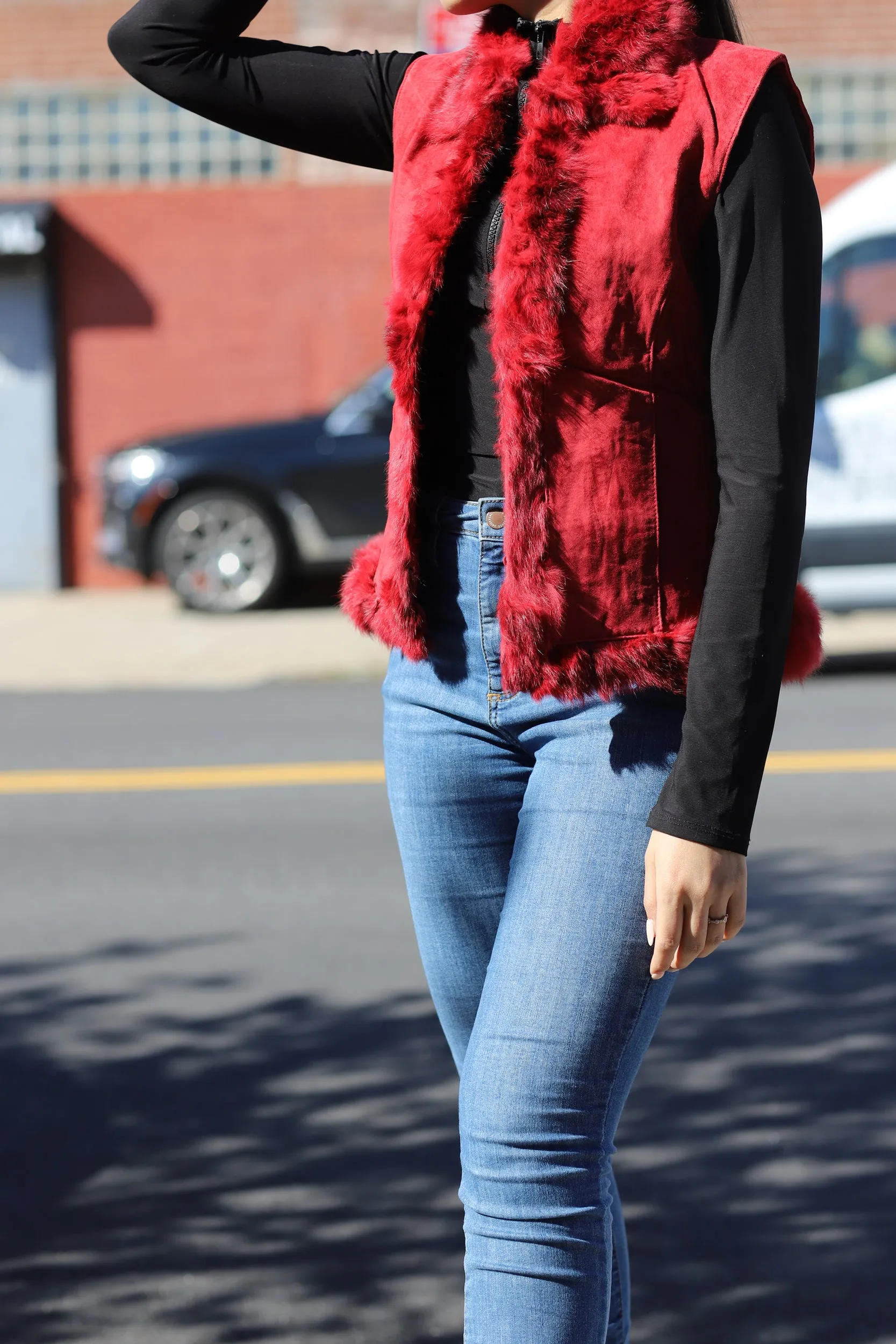 Suede Leather Vest w/ Fur Trim - Red