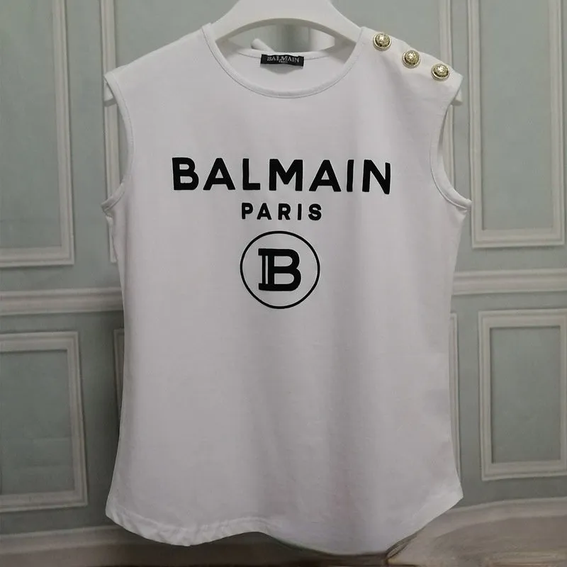 T Shirt Balmain Summer Flocking Letter Vest Sleeveless Cotton Base T-shirt