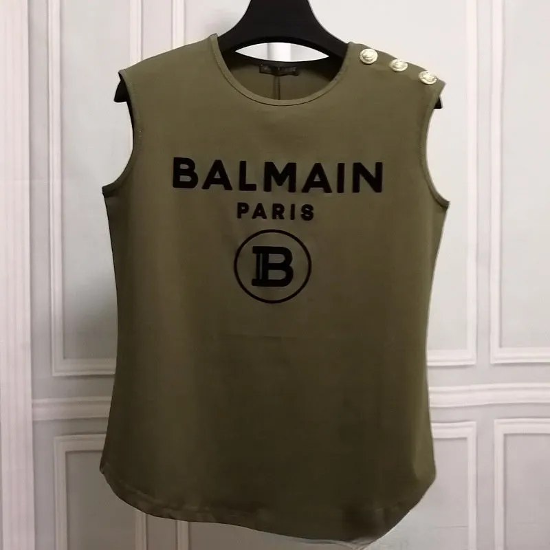 T Shirt Balmain Summer Flocking Letter Vest Sleeveless Cotton Base T-shirt