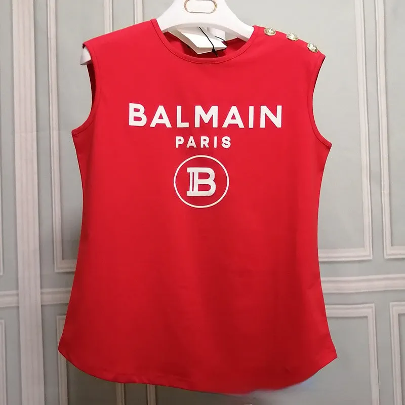 T Shirt Balmain Summer Flocking Letter Vest Sleeveless Cotton Base T-shirt